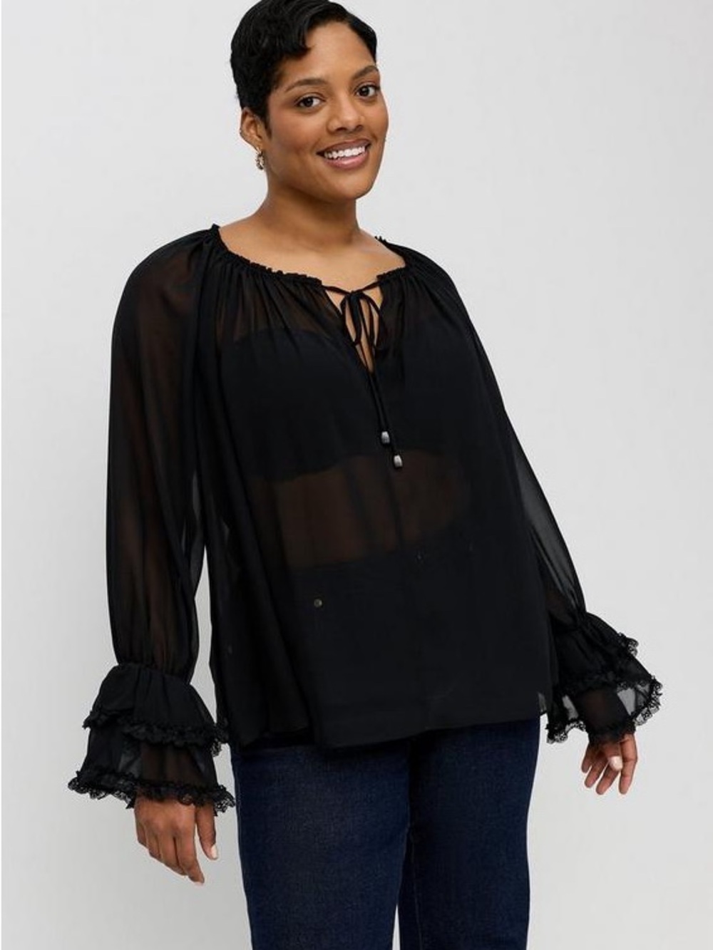 torrid Black Sheer Ruffle Cuff Peasant Blouse